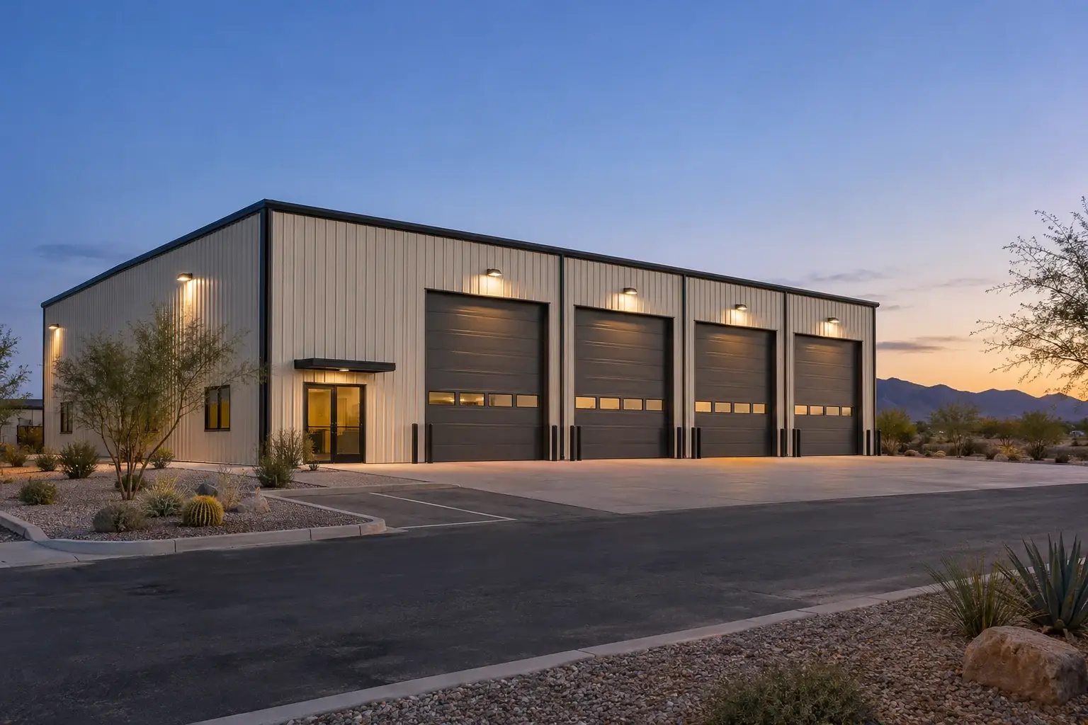 Four bay commercial metal service building at dusk concept