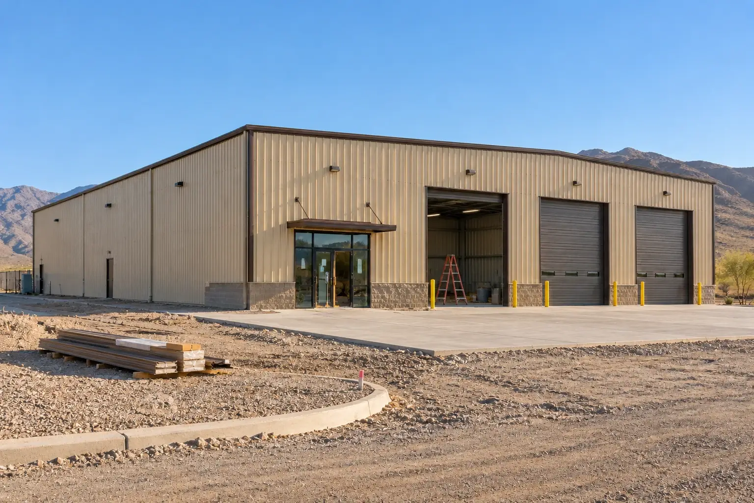 Commercial metal building concept showing exterior finishing