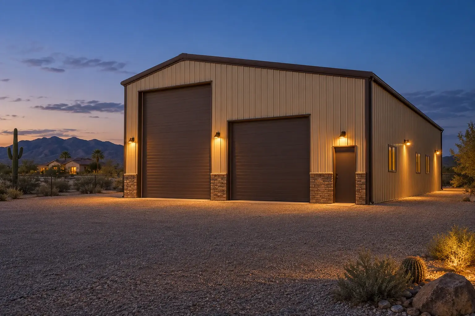 Tall RV garage and metal workshop at dusk concept