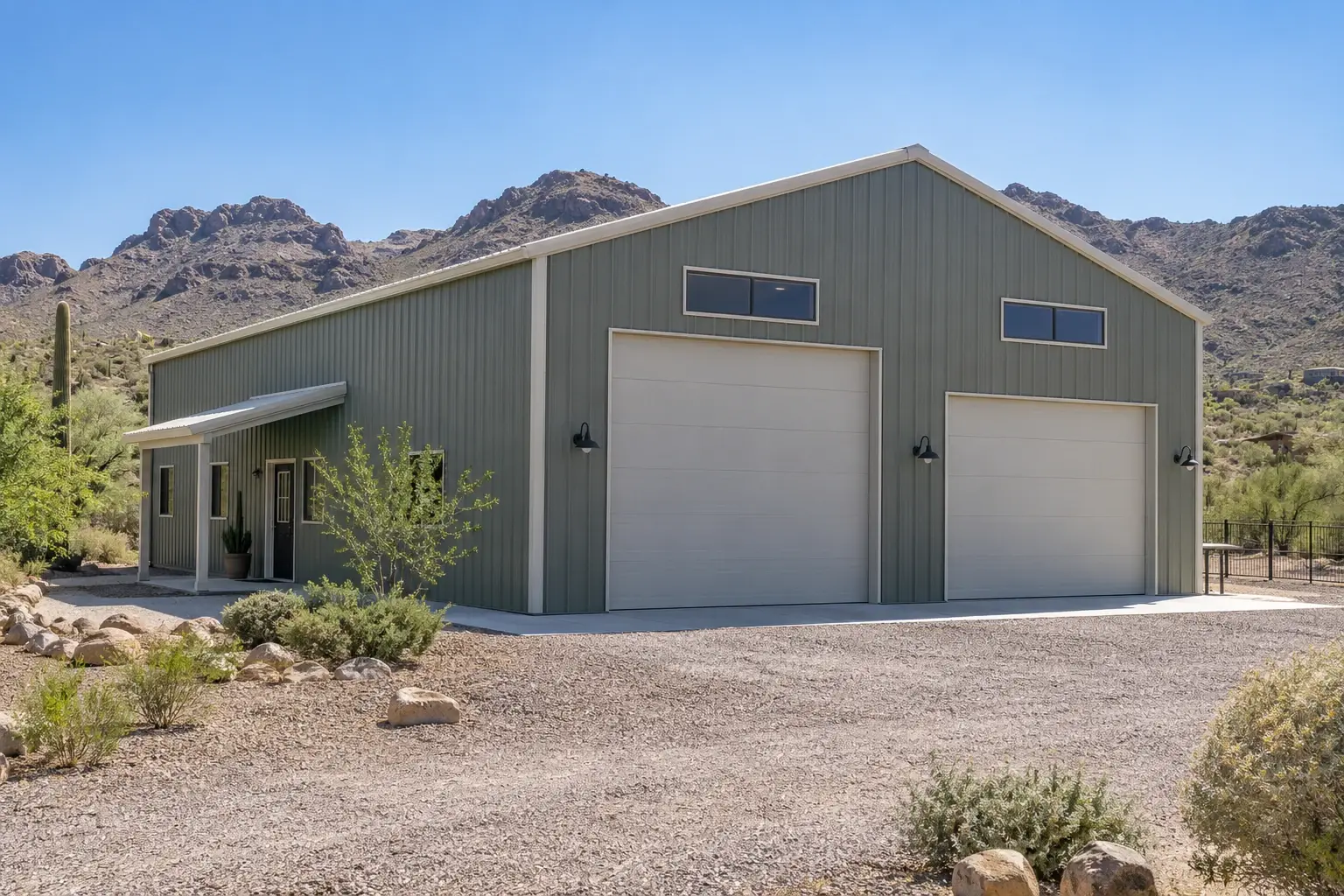 Sage gray metal workshop with a covered side entrance concept