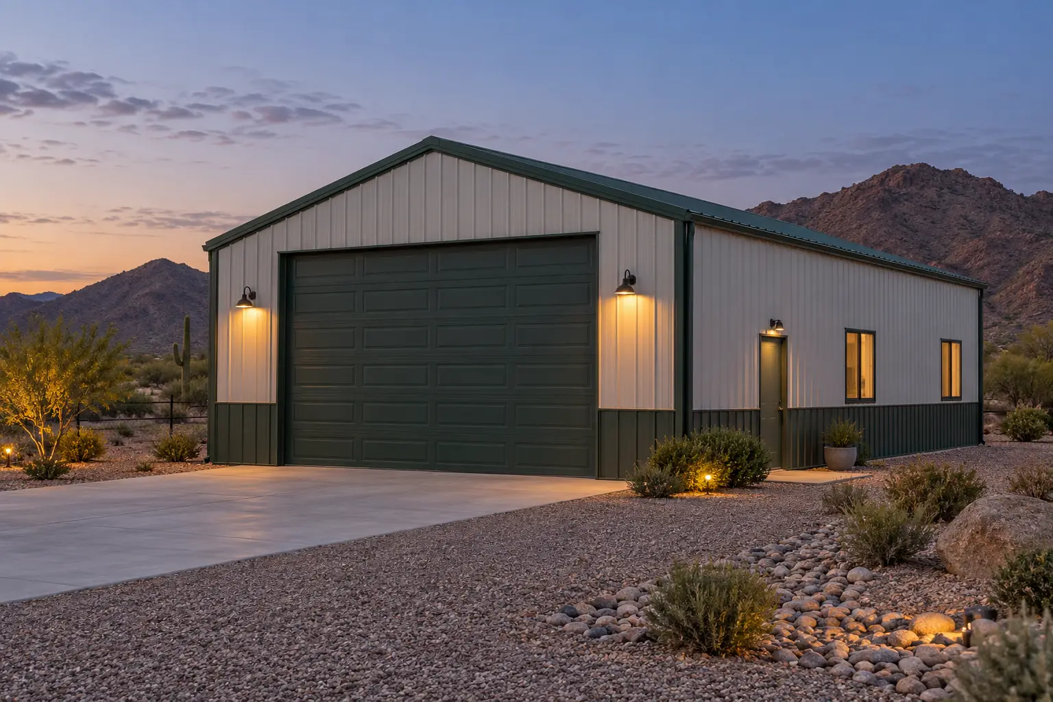Gray metal workshop with green trim at dusk concept