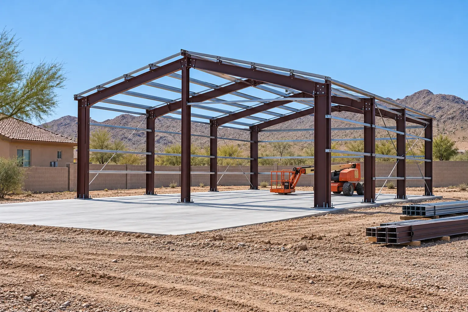 Residential metal building concept showing steel framing